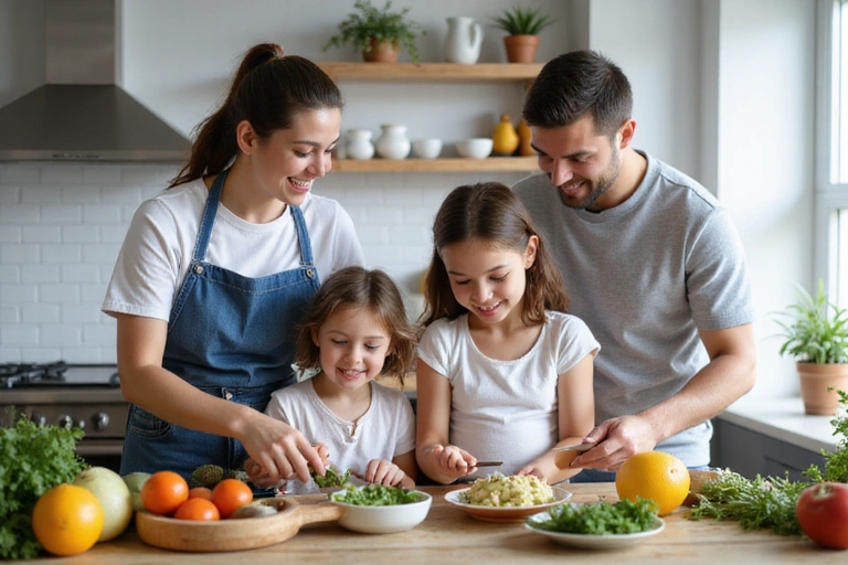 Rodina připravující zdravé jídlo v kuchyni