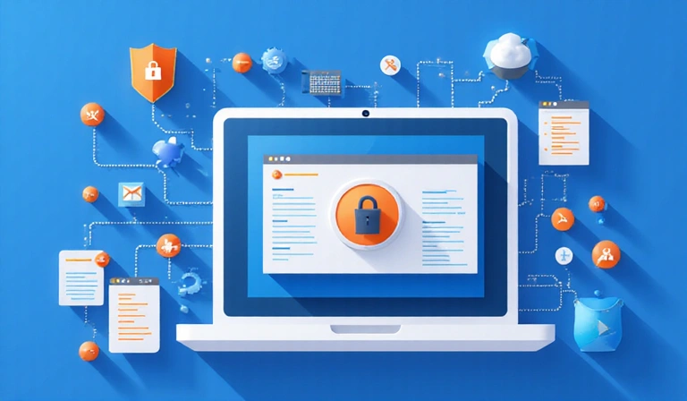 Ilustrace zabezpečení dat a soukromí na internetu, s ikonami zámku a štítu.