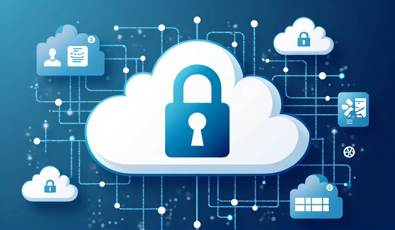 Ilustrace bezpečné digitální komunikace, s šifrovanými zprávami a ochranou osobních údajů v cloudu.