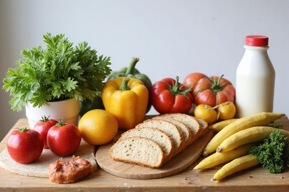 Stůl plný bezlepkových a bezlaktózových potravin, symbolizující speciální diety