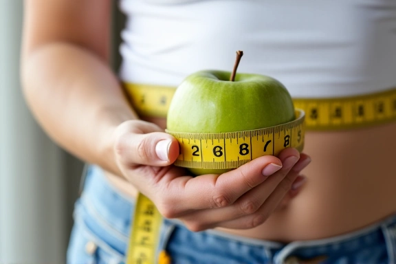 Žena drží v ruce jablko a metr, symbolizující hubnutí a zdravý životní styl
