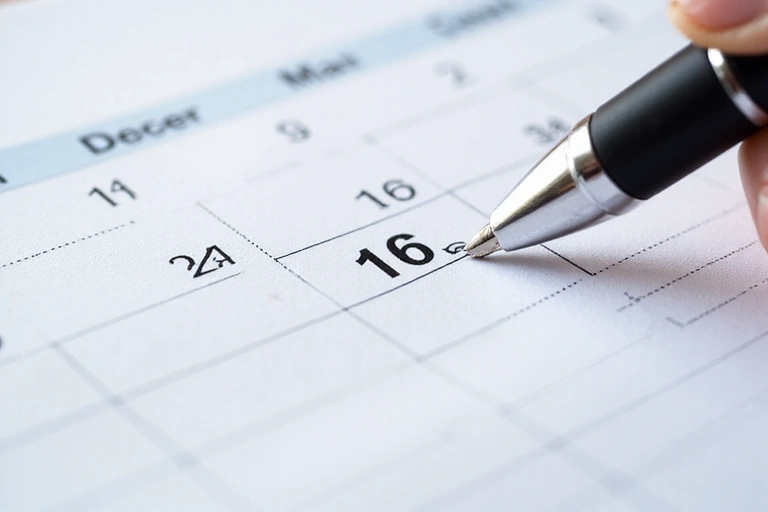 Kalendář s označeným datem a perem, symbolizující rezervaci konzultace.