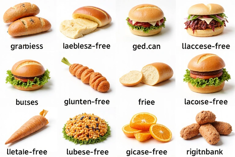 Různé potraviny s bezlepkovými a bezlaktózovými štítky, symbolizující potravinové alergie a intolerance.